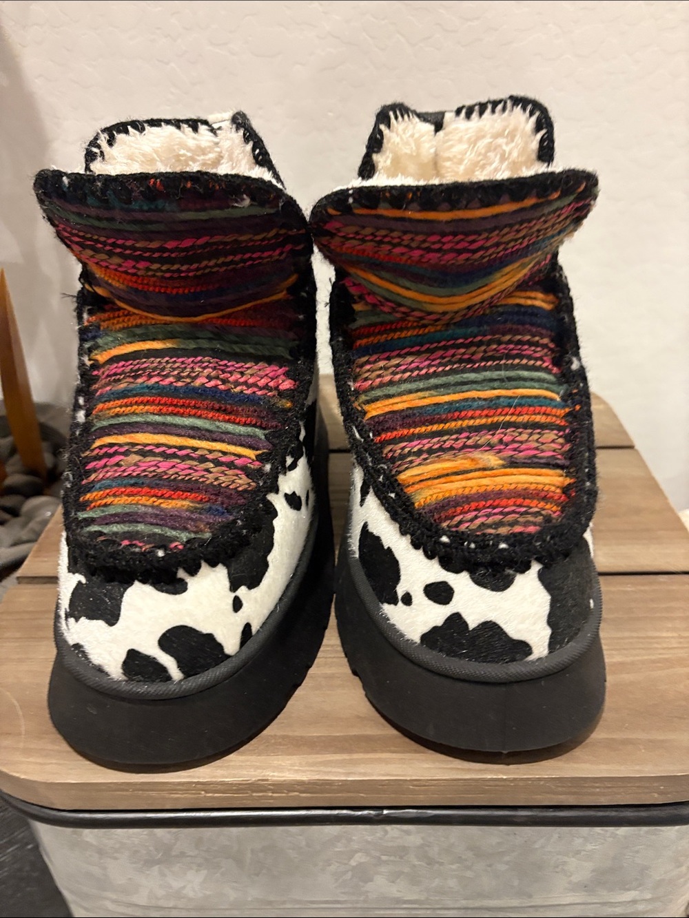 Womens Multi-Color Faux Fur Lined Cow-Print Booties